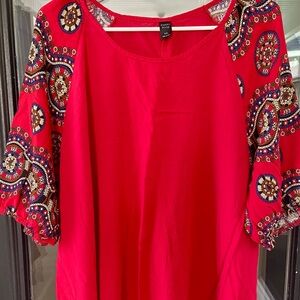 Chic Red Blouse with Embroidered Sleeves